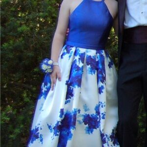 Blue and White Floral Halter PROM Dress